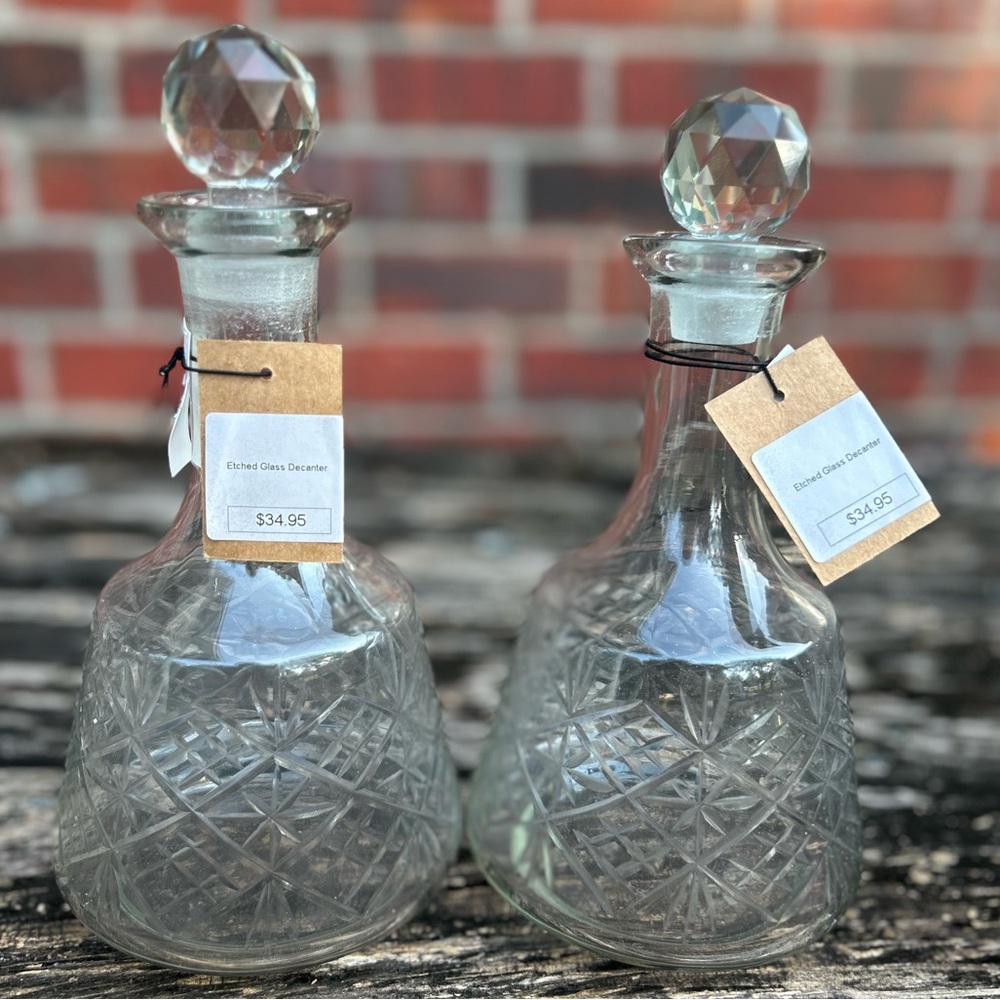 NWT Creative Co-Op 20 Ounce Etched Glass Decanters (Set of 2) 5”L x 5”W X 9”H C6